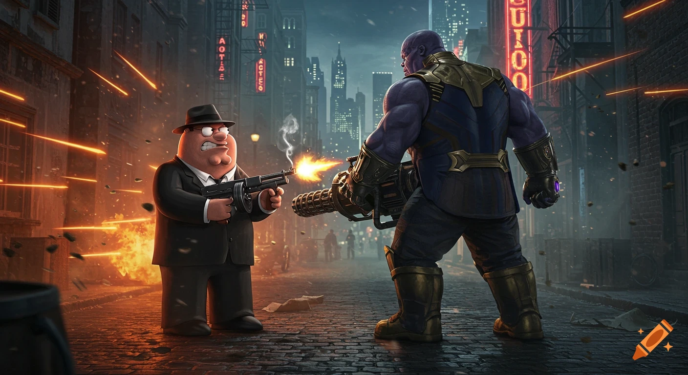 Peter Griffin in a suit and hat holds a tommy gun, firing at Thanos, who wields a minigun in a dark, stylized Gotham city street at night with dramatic lighting and flying debris.