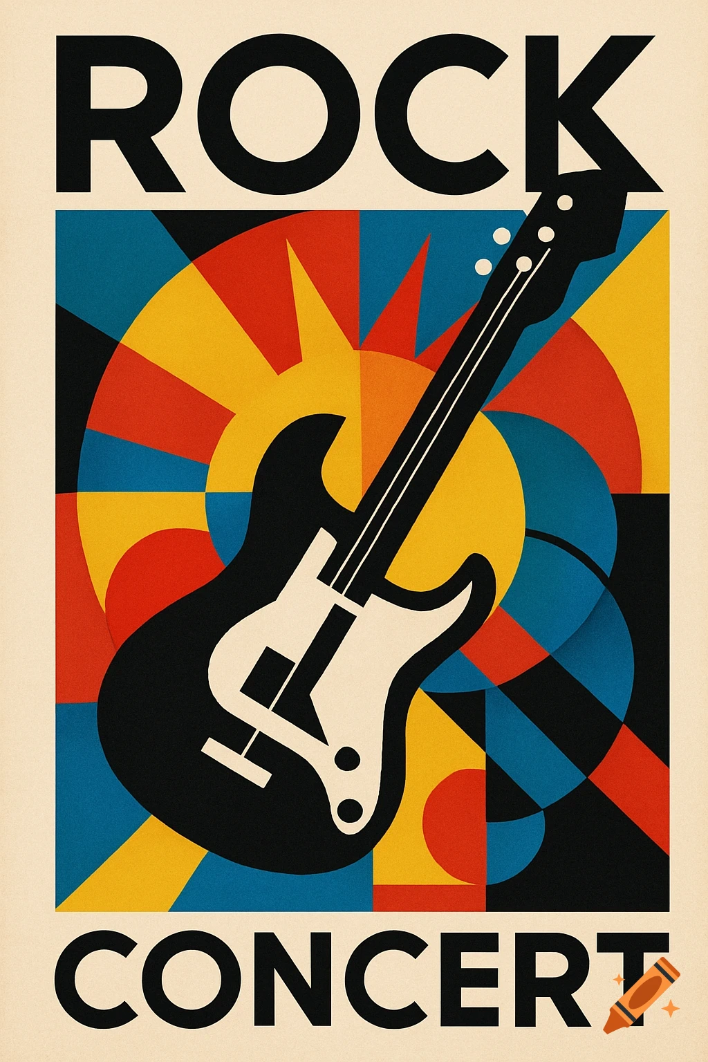 A Bauhaus style poster advertising a rock concert, featuring a black electric guitar over colorful geometric shapes and the words 'ROCK CONCERT' in black bold letters.