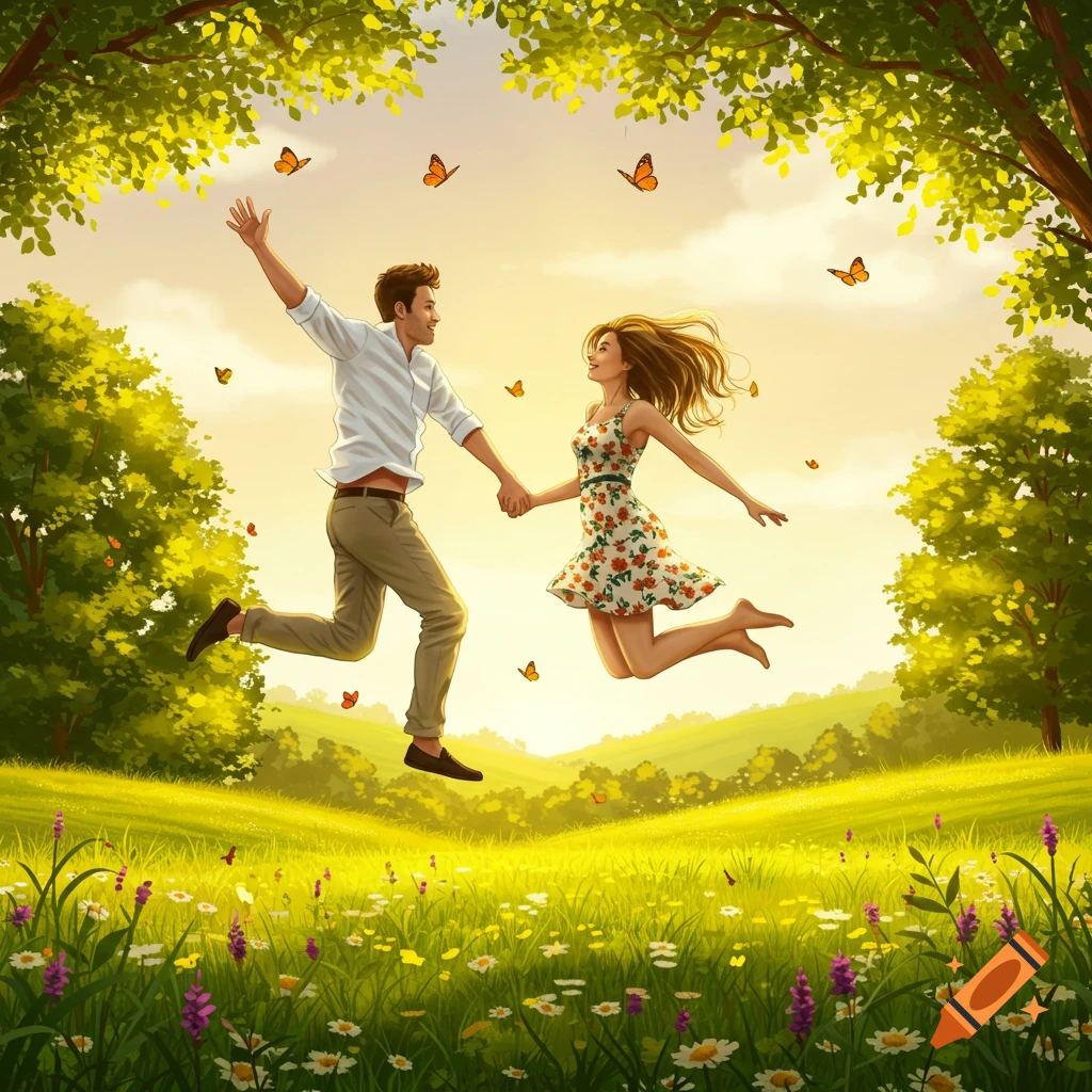 An illustrated couple jumps joyfully, holding hands in a sunlit green meadow with wildflowers and butterflies.
