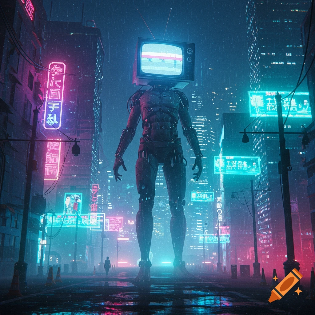 A giant robot with a television for a head stands in a rainy, neon-lit cyberpunk city at night, with towering skyscrapers.