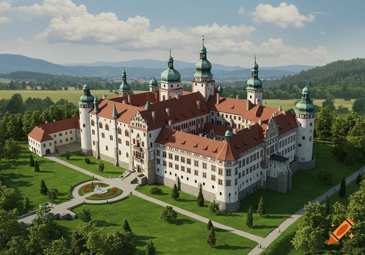 Photorealistic aerial view of Celler Castle, a large white-walled castle with red roofs and green-domed towers, surrounded by green lawns and hills.