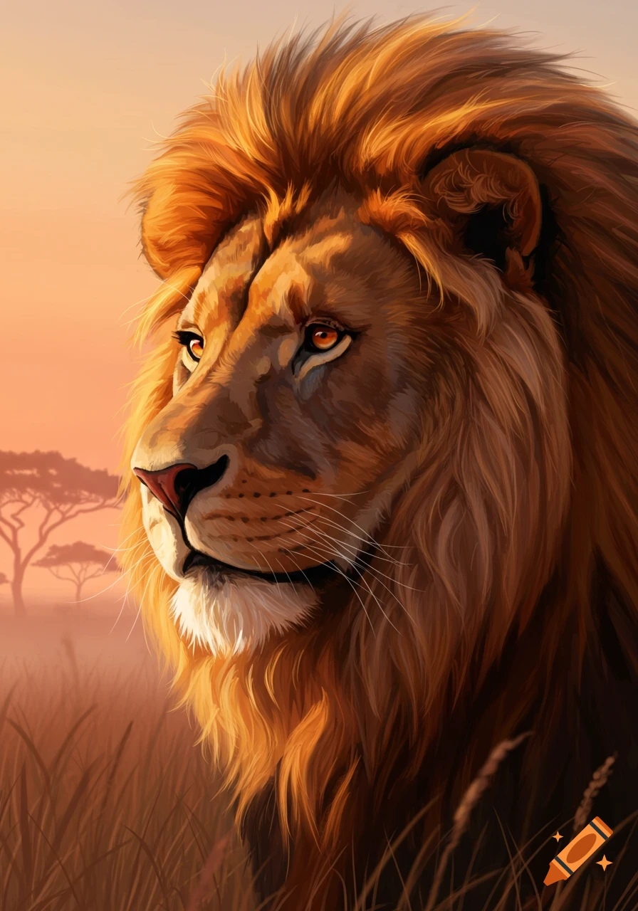 Close-up of a majestic lion's head with a golden mane, looking left into a savanna sunset, digital art.