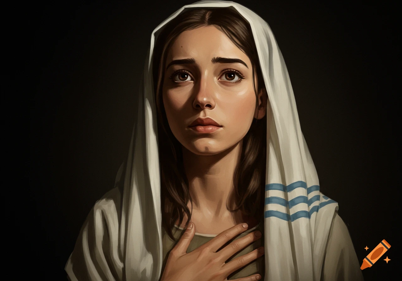 Painterly portrait of a young woman in a white headscarf with blue stripes, hand over heart, looking up.