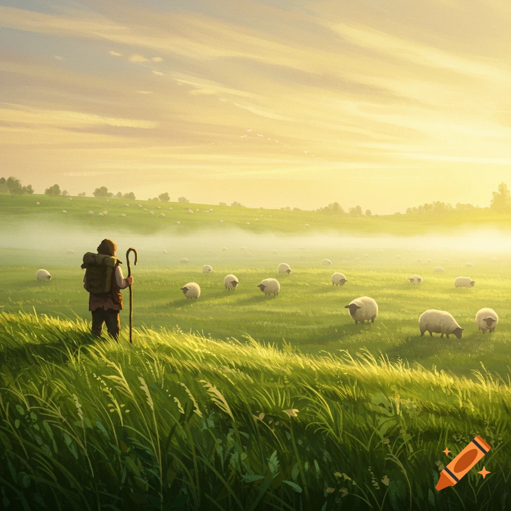A shepherd with a staff and backpack overlooks a vast green meadow filled with sheep at sunrise, with a misty golden sky.