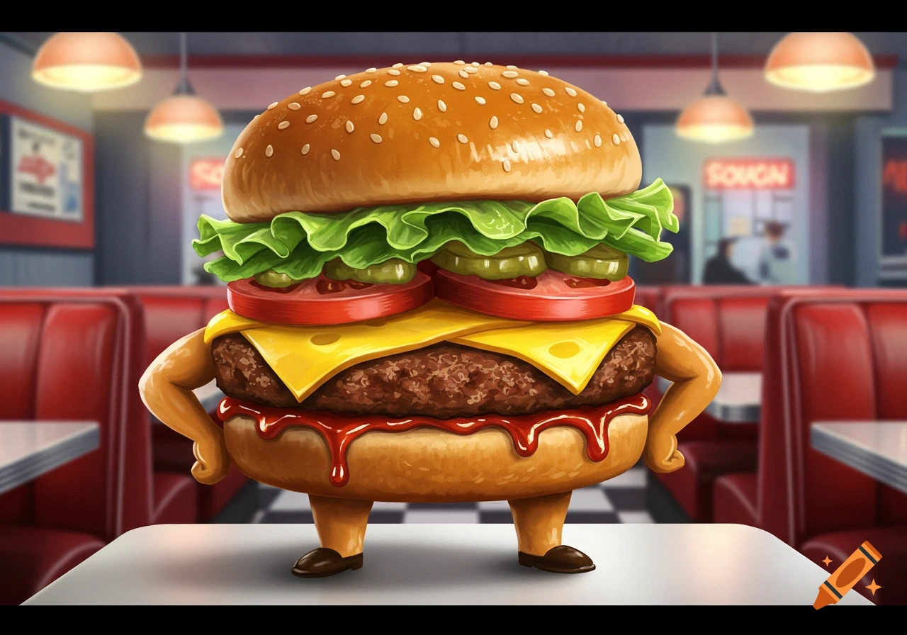 A vibrant cartoon anthropomorphic burger with arms and legs stands on a table in a retro diner.