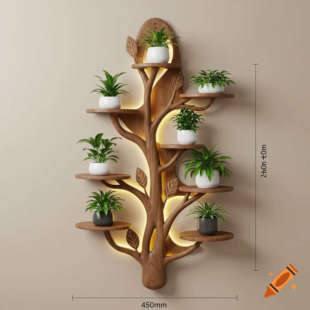 A modern wooden tree-shaped wall shelf with built-in LED lighting displays several potted green plants on a light beige wall.