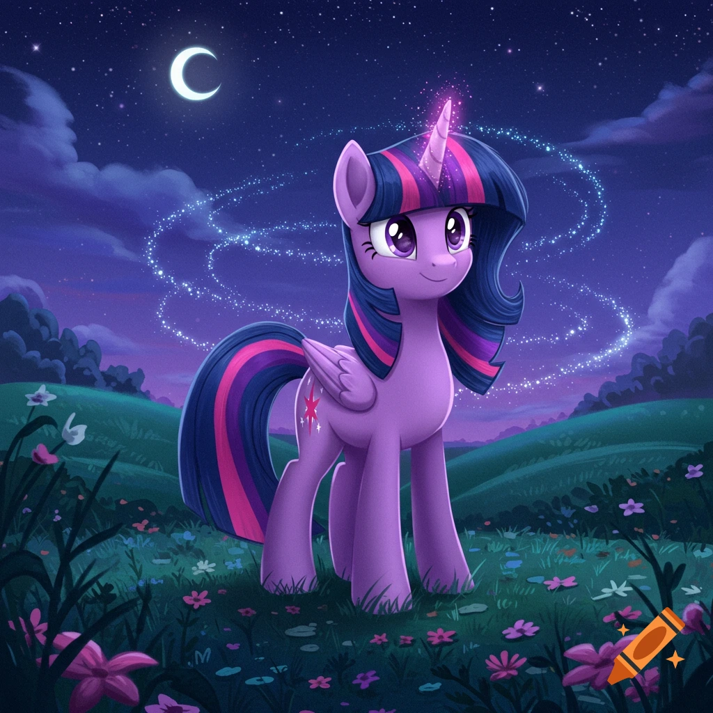 A purple unicorn pony with a striped mane and tail stands in a field of colorful flowers under a starry night sky with a crescent moon.