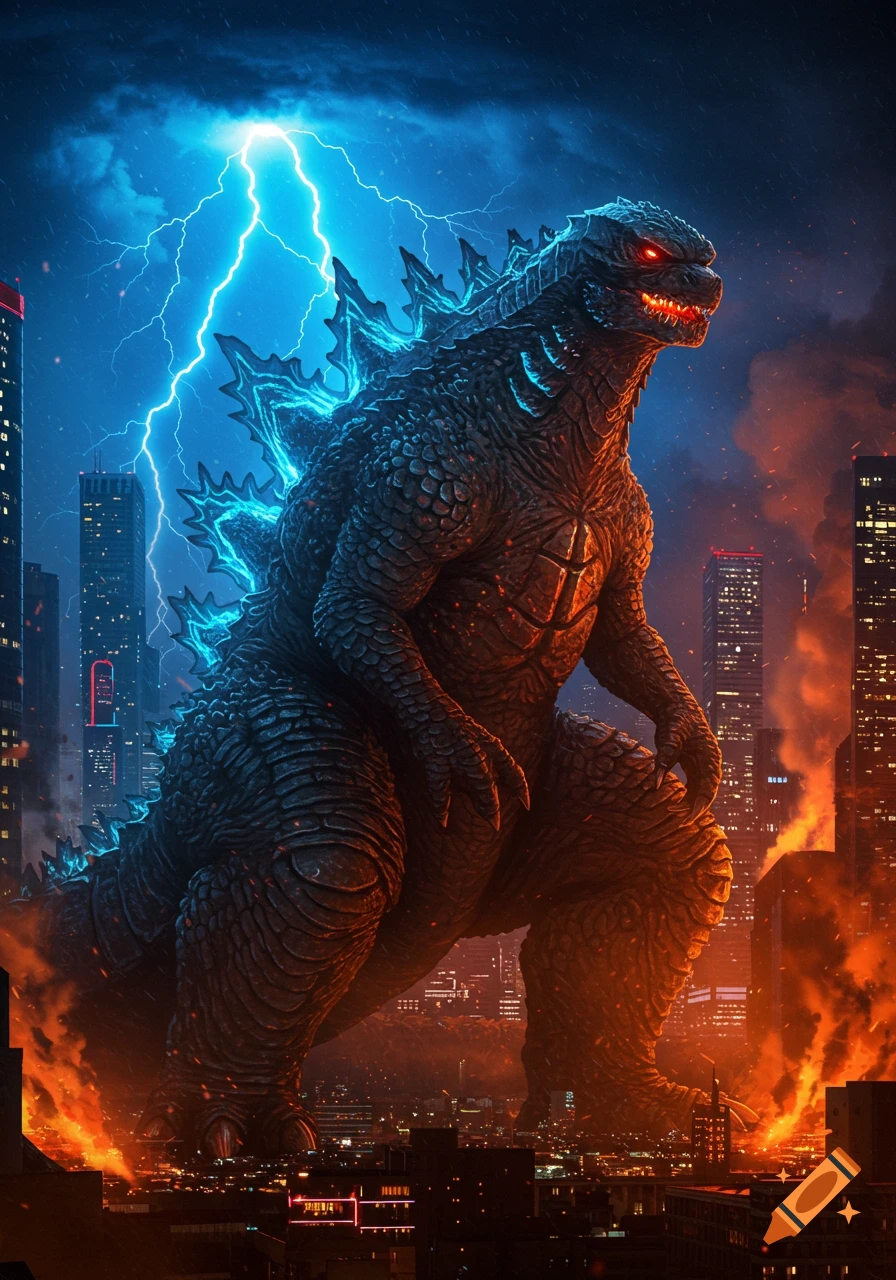 Godzilla, a giant monster with glowing blue fins and red eyes, stands in a burning city under lightning.