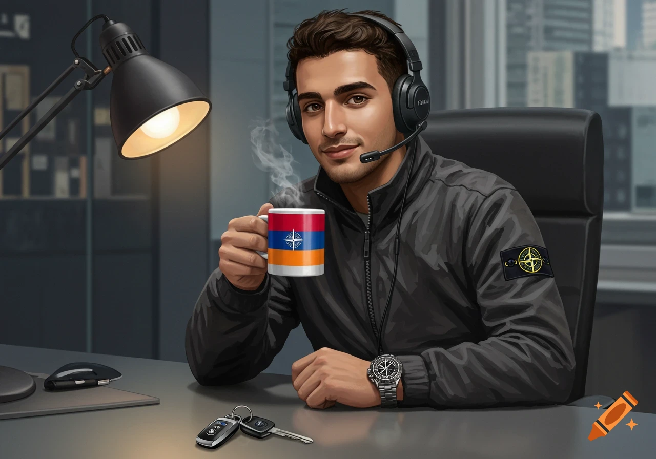 A smiling young man in a black jacket and headphones with a mic holds a steaming mug with the Armenian flag at an office desk. BMW keys, a watch, and a lamp are on the desk.