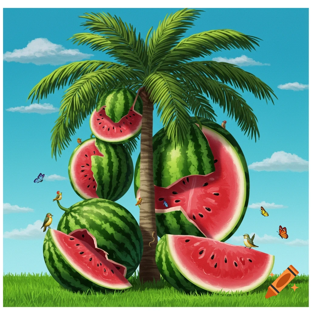 Colorful illustration of a palm tree with watermelons as its fruit, some open, surrounded by small birds and butterflies on grass.