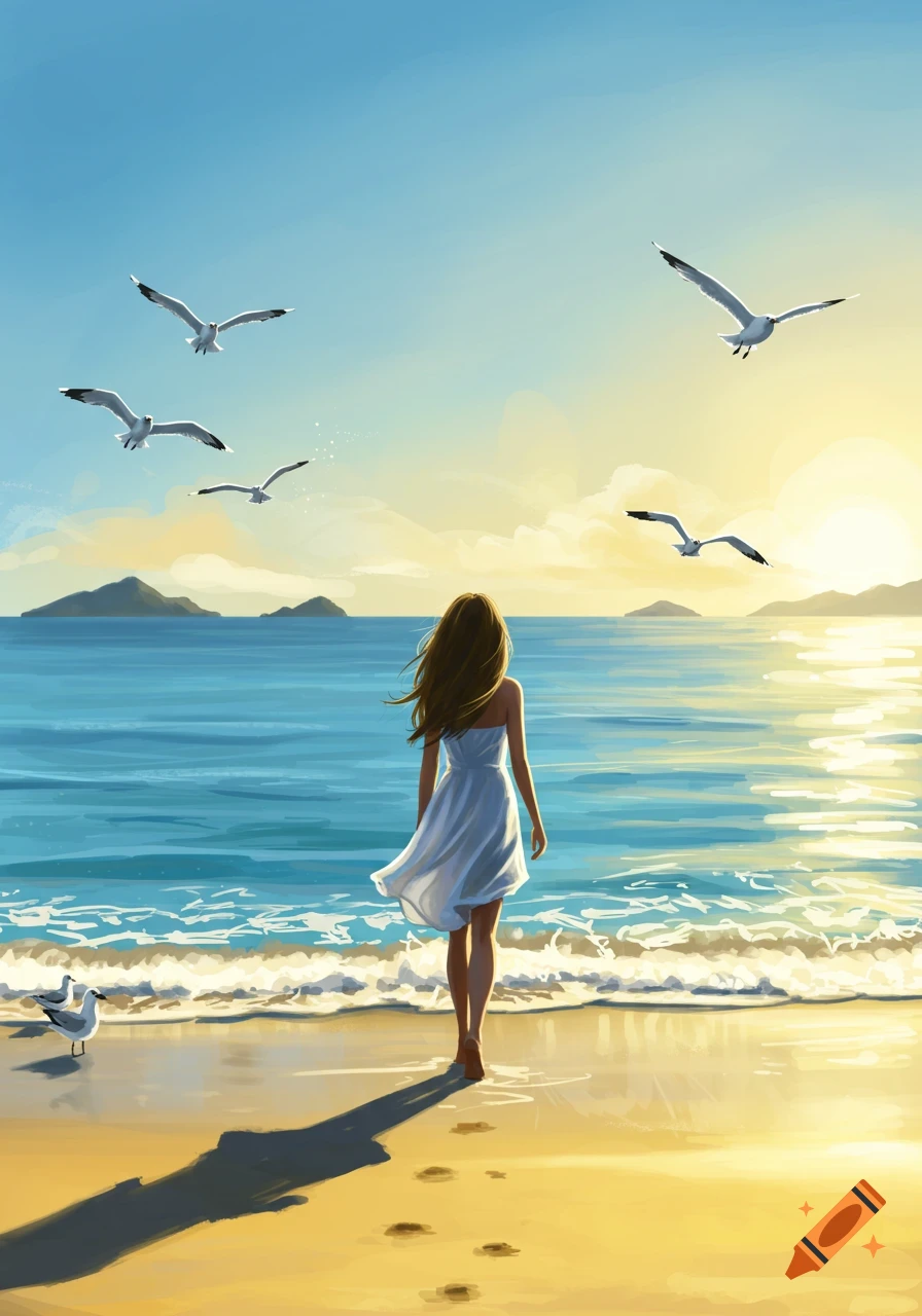 A woman in a white dress walks along a sunlit sandy beach toward the ocean at sunset, with seagulls flying overhead in this painterly illustration.