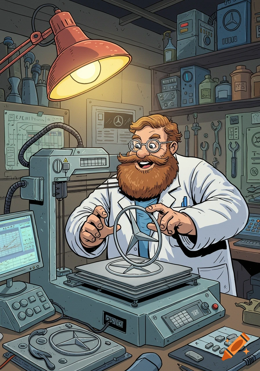 A cartoon scientist with a beard and lab coat happily holds a Mercedes-Benz star logo, standing at a 3D printer in a cluttered workshop.