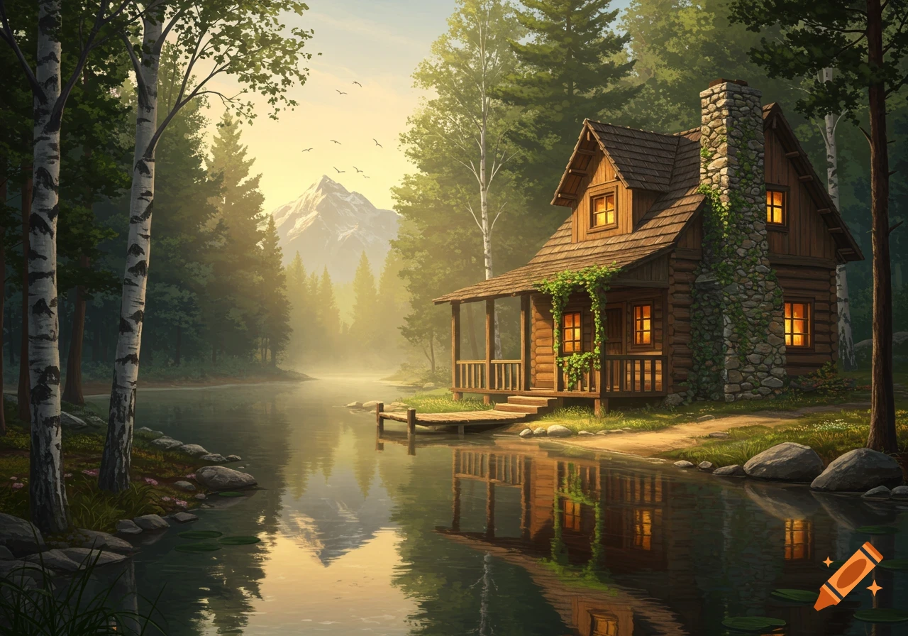 A serene, detailed illustration of a log cabin by a misty lake, surrounded by a lush forest with mountains.