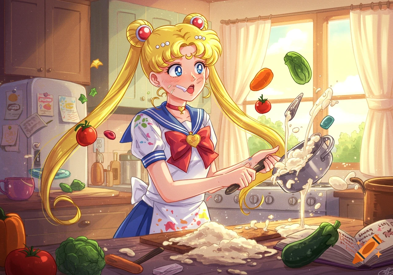 A flustered Sailor Moon, covered in food splatters, struggles to cook in a messy kitchen with ingredients flying around.