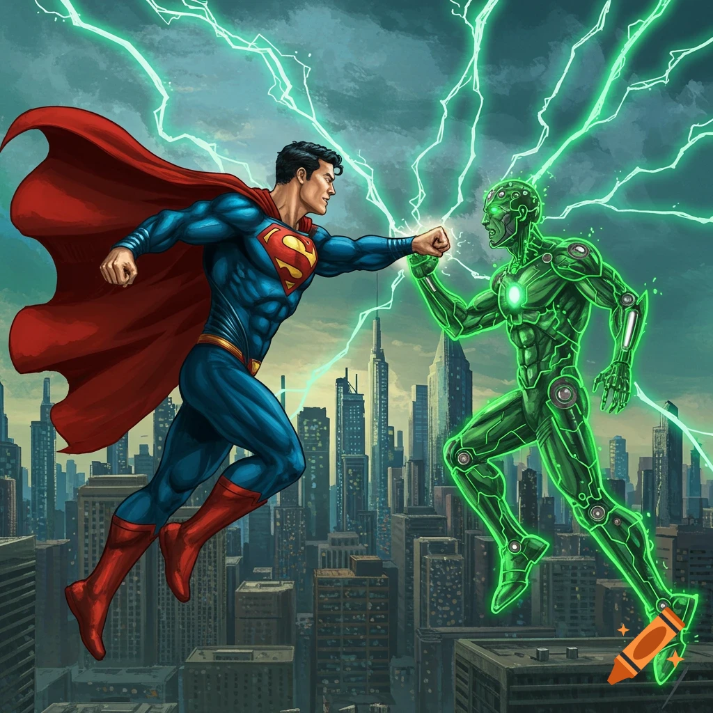 Superman and Brainiac clash fists in the sky above a city, surrounded by bright green lightning, in a comic book art style.