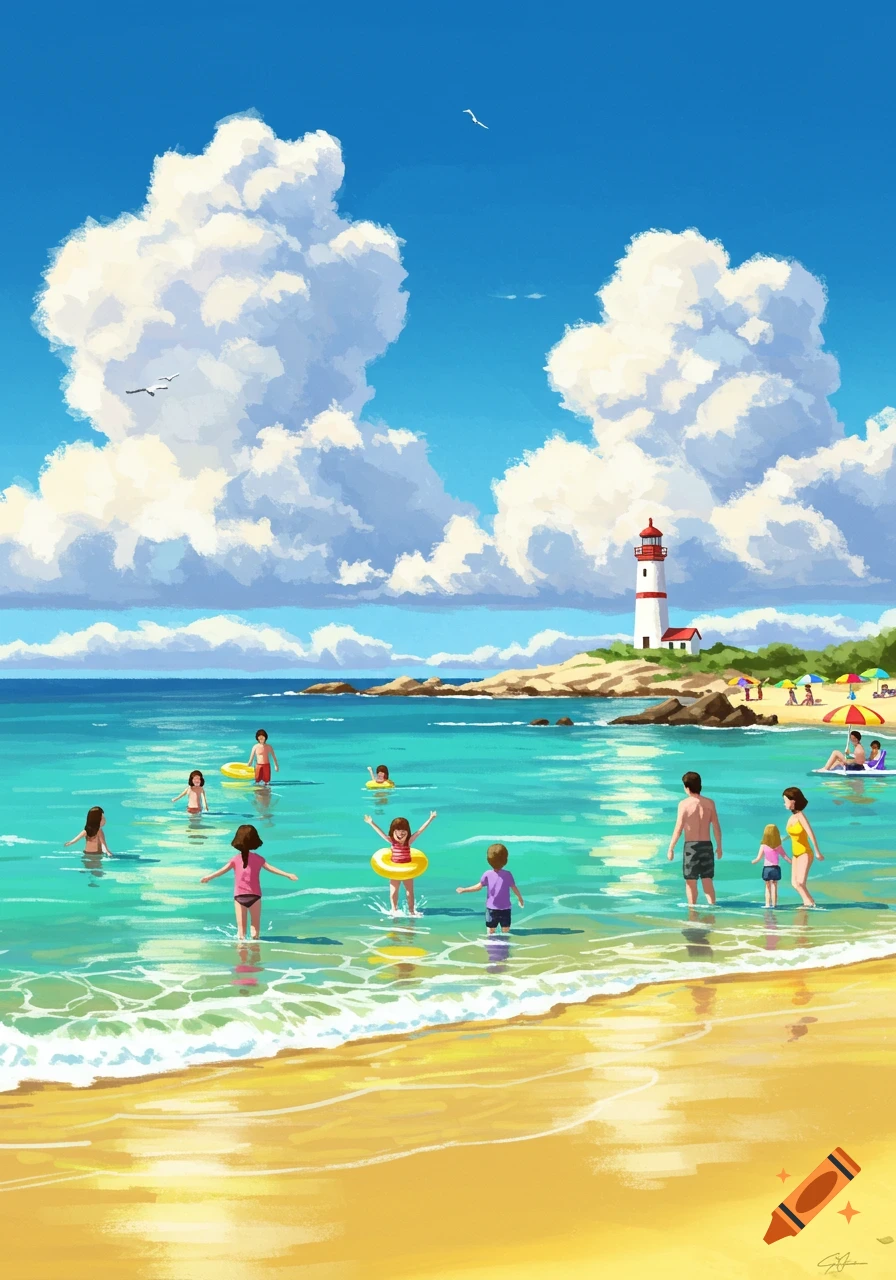 An illustration of families swimming and playing in the turquoise ocean at a sunny beach with a lighthouse and fluffy clouds.
