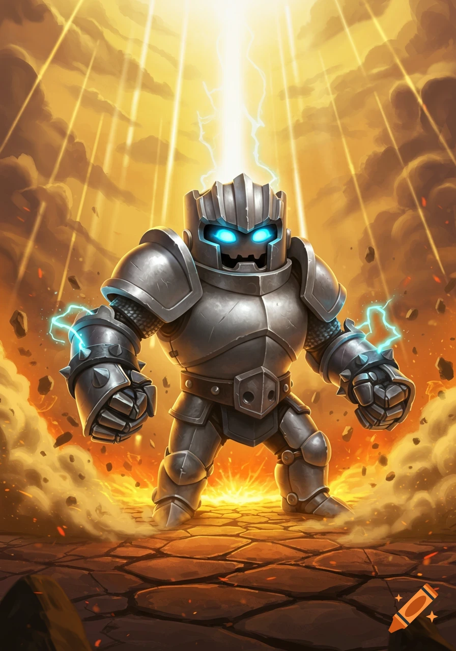 A stylized armored Megaknight with glowing blue eyes and electrical effects, standing on cracked ground under golden light.