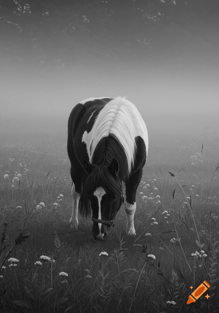 A black and white pinto pony with a white mane and tail grazes in a misty field filled with wildflowers.
