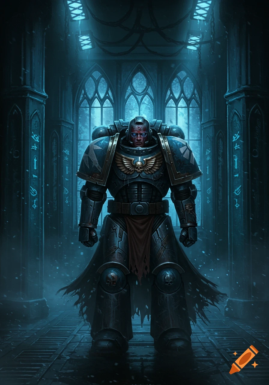 Heavily armored Warhammer 40k Space Marine stands in a dark, gothic hall with glowing blue windows, looking grim.