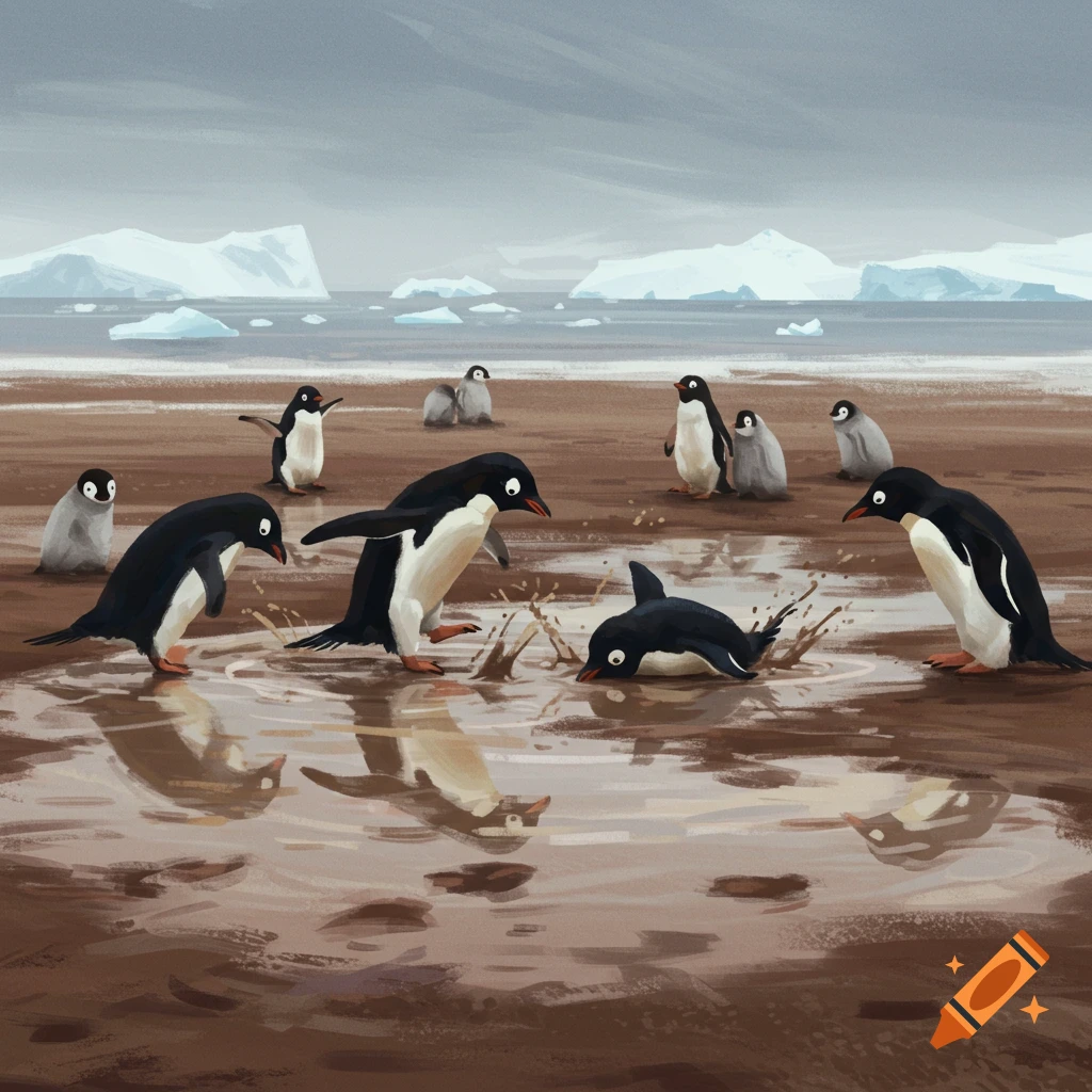 Illustrated penguins splash and play in a muddy puddle on a brown beach with icebergs in the distance under a gray sky.