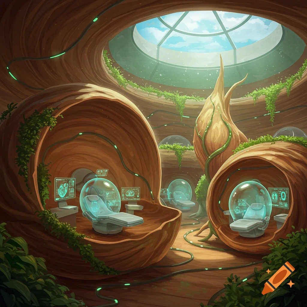 A futuristic bioluminescent clinic built inside a hollowed-out organic structure with multiple medical pods and screens.