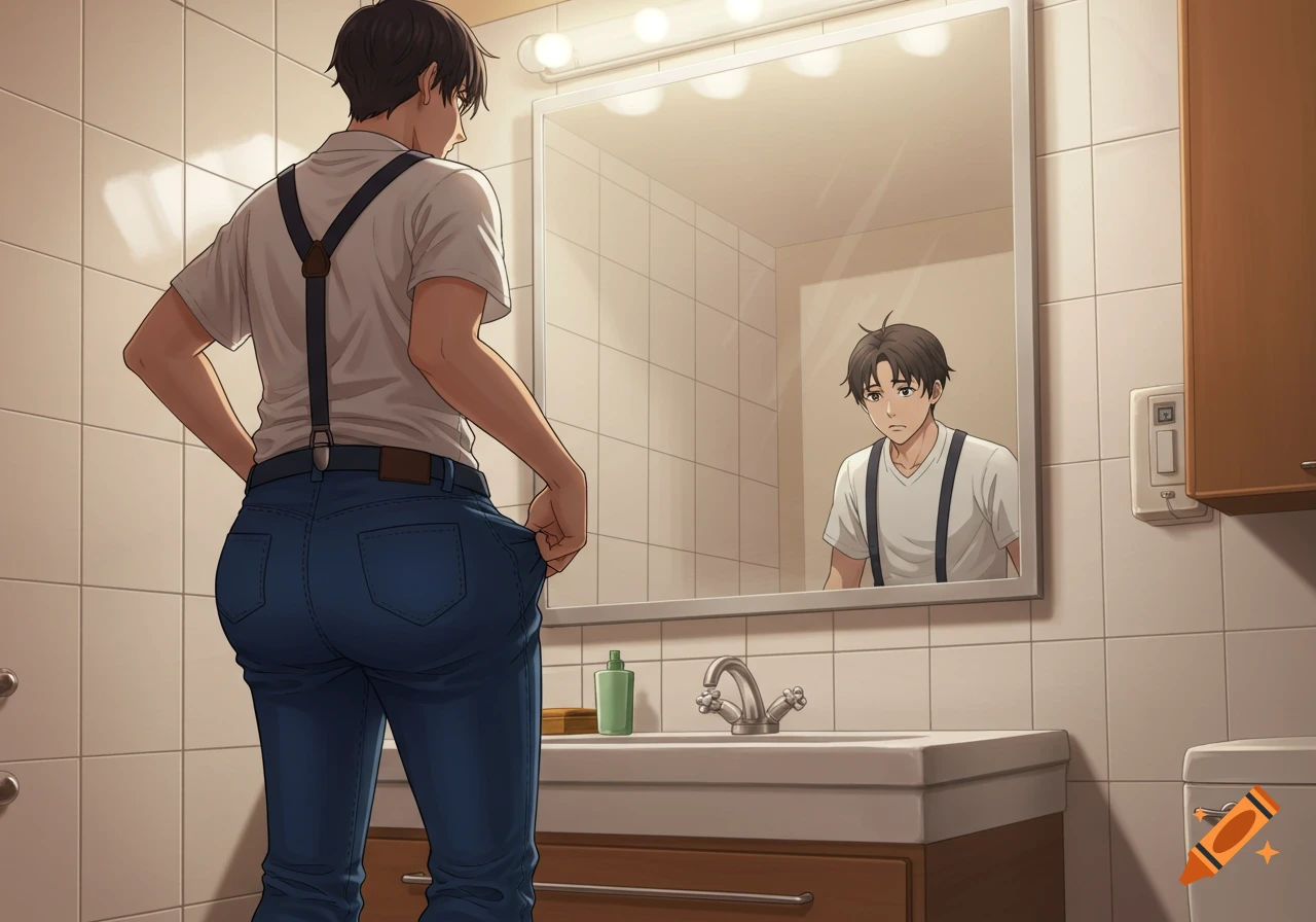 Anime-style illustration of a young guy in suspenders and extra curvy jeans, looking at his reflection in a bathroom mirror.