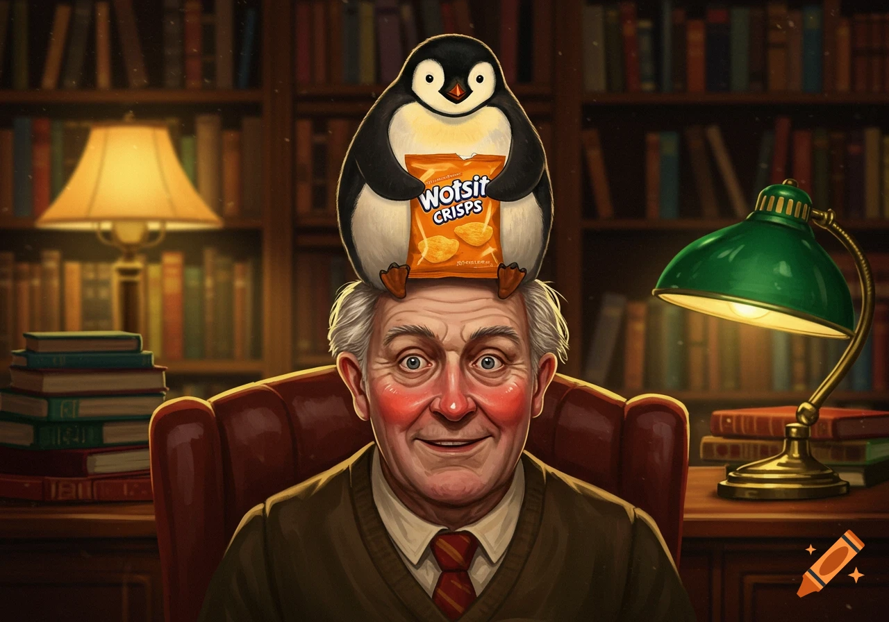 A whimsical illustration of a smiling old man with a penguin holding a 'Wotsit Crisps' packet on his head, in a cozy library.