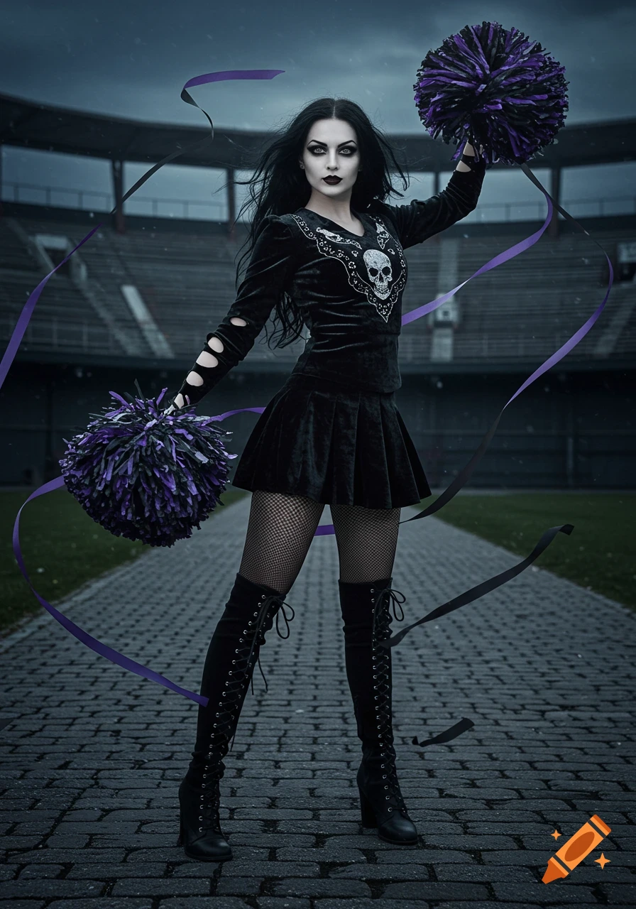 A goth cheerleader in a black velvet outfit with a skull design, fishnet stockings, and thigh-high boots holds purple pom-poms in a stadium.