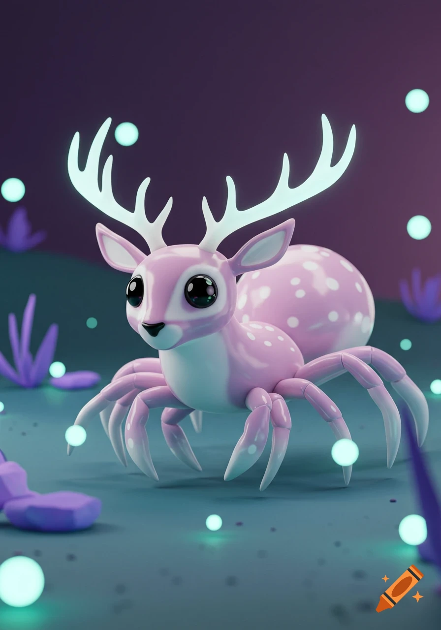 A cute, pink and white deer-spider hybrid with glowing antlers and large dark eyes, standing in a dark mystical environment with glowing orbs.