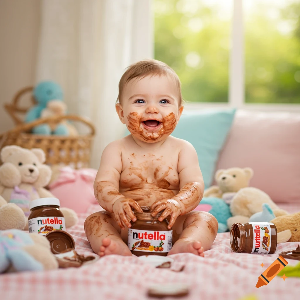 A happy baby covered in Nutella, sitting on a bed surrounded by Nutella jars and teddy bears.