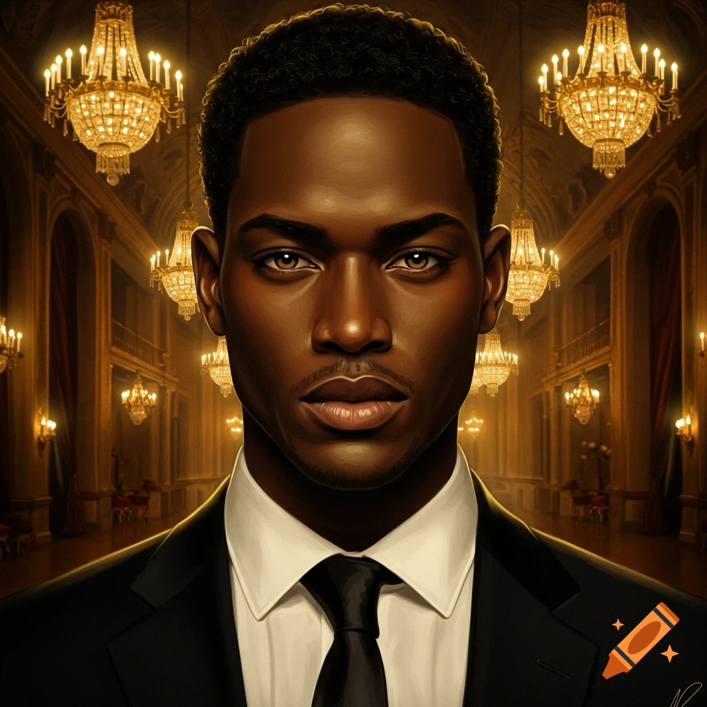 Photorealistic portrait of a dark-skinned man in a black suit, standing in a luxurious hall with chandeliers.