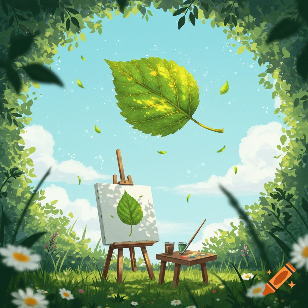 A whimsical illustration of a large green leaf floating above an easel displaying a painted leaf in a lush forest with daisies.