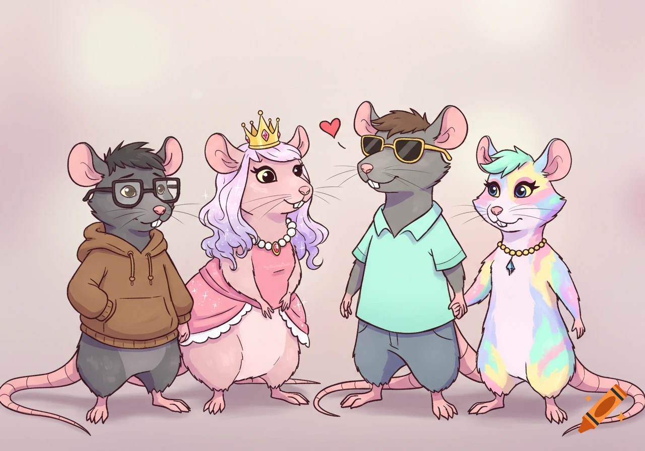 Four cartoon rats depicting different personalities: a nerdy rat, a princess rat, a colorful rat, and a chill rat in sunglasses, with a heart floating between two of them.