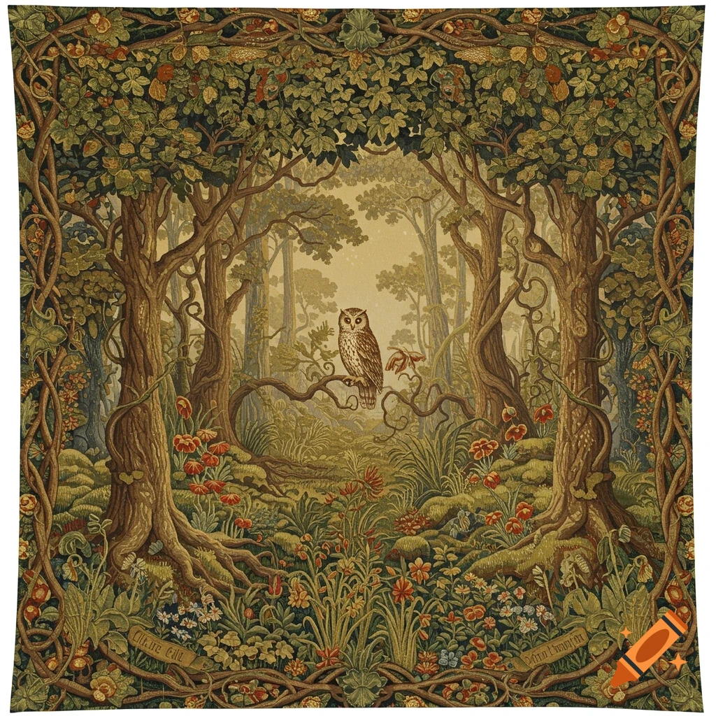 A tapestry-style image of an owl perched on a branch in a dense forest with lush foliage and flowering plants.