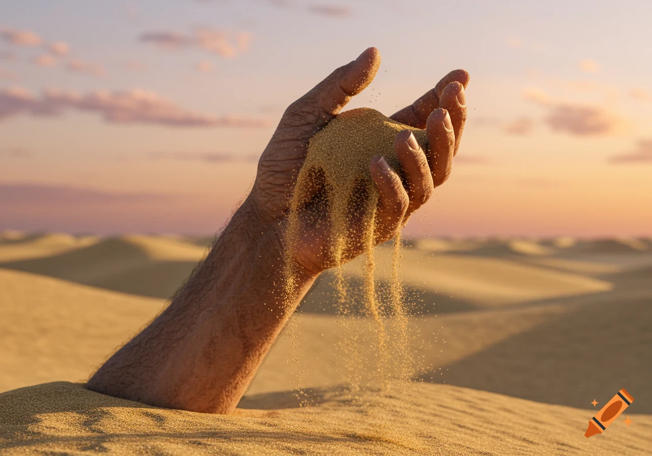 A hand emerging from desert sand, holding and releasing grains as they trickle through fingers under a sunset sky.