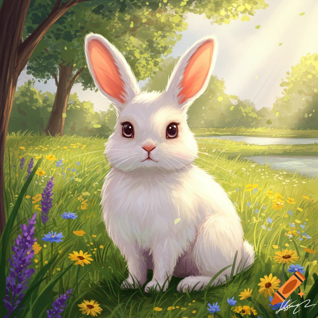 A cute white rabbit with big eyes sits in a sunny meadow filled with colorful flowers near a pond, illustrative style.