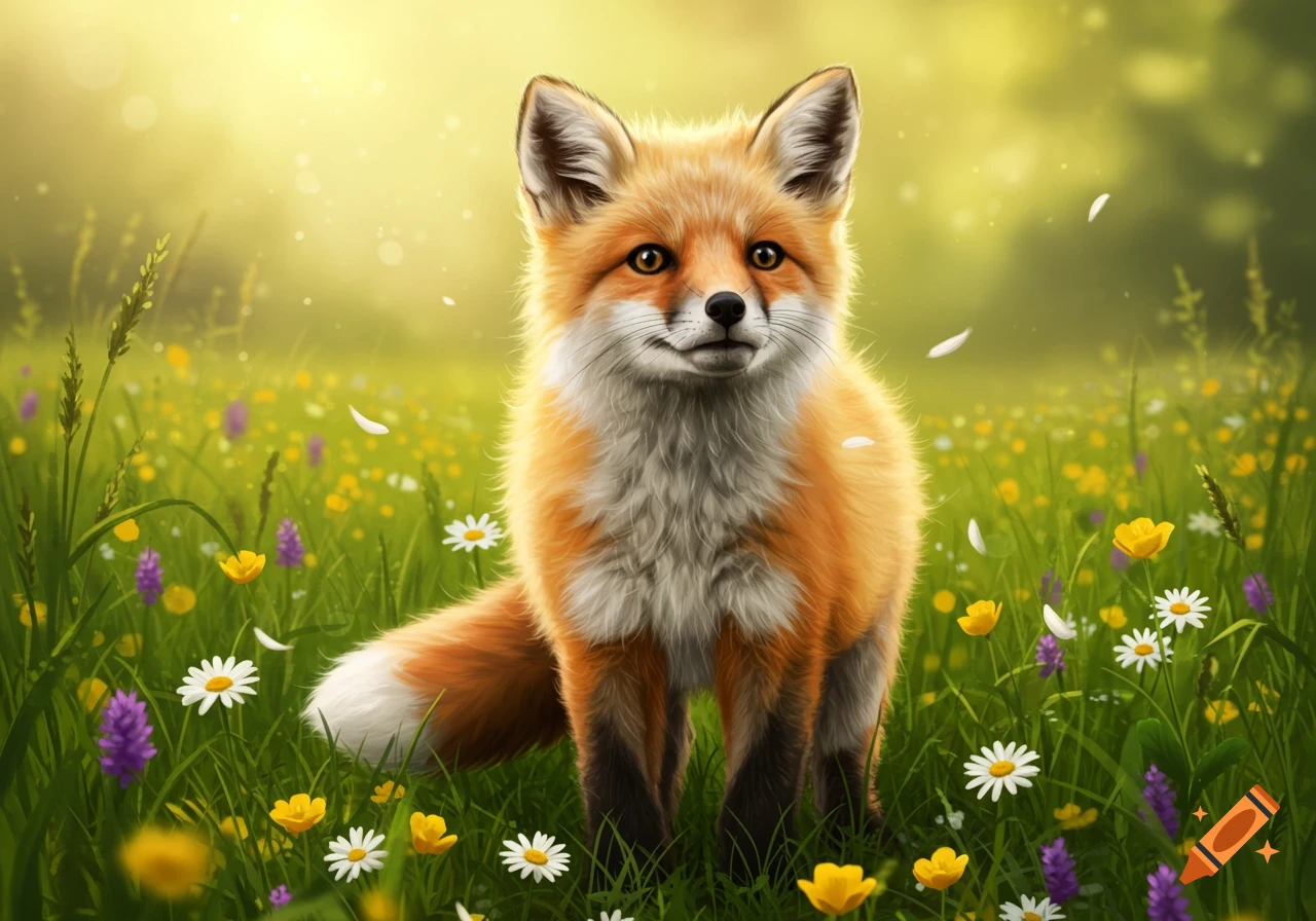 A cute, fluffy orange and white fox stands in a vibrant field of yellow, white, and purple wildflowers under soft sunlight.
