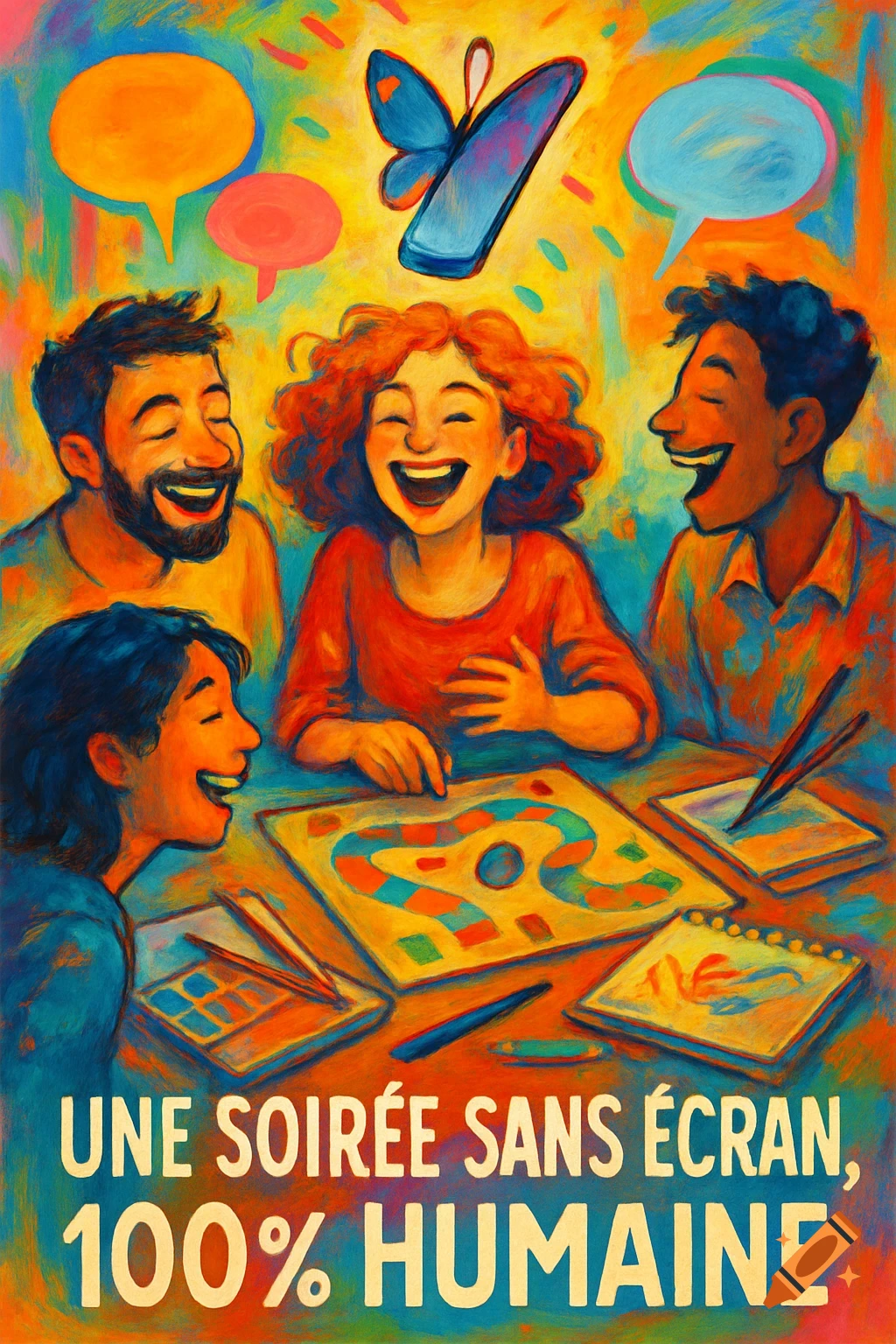 Vibrant digital art of diverse friends laughing and playing a board game, with a phone-butterfly and text 'Une soirée sans écran, 100% humaine'.