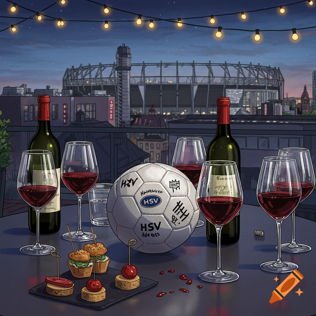 A rooftop illustration at dusk with wine bottles, red wine glasses, appetizers, and a soccer ball on a table, overlooking a city skyline with a stadium.