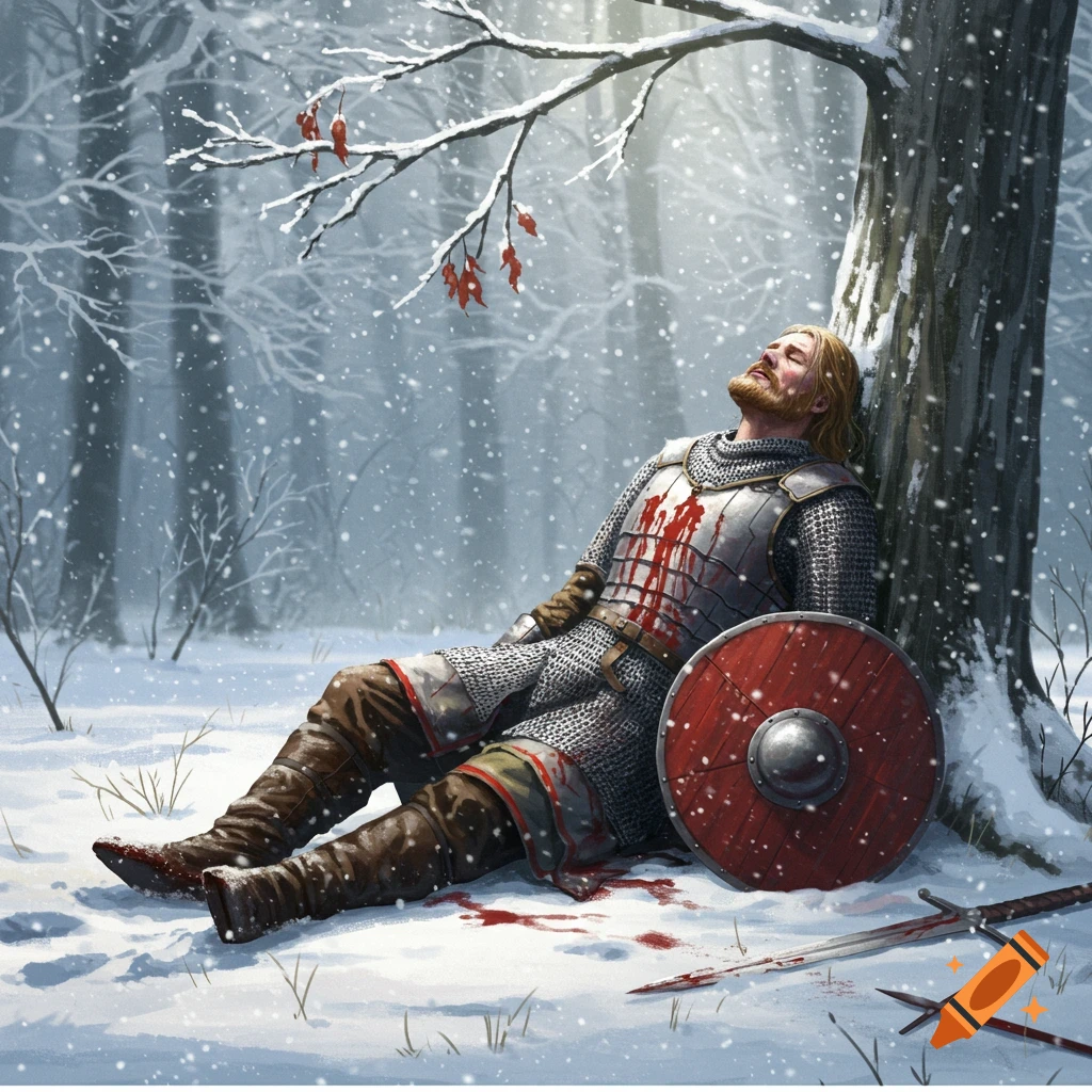 A bleeding knight in armor rests against a tree in a snowy forest with his shield and swords in a fantasy illustration.