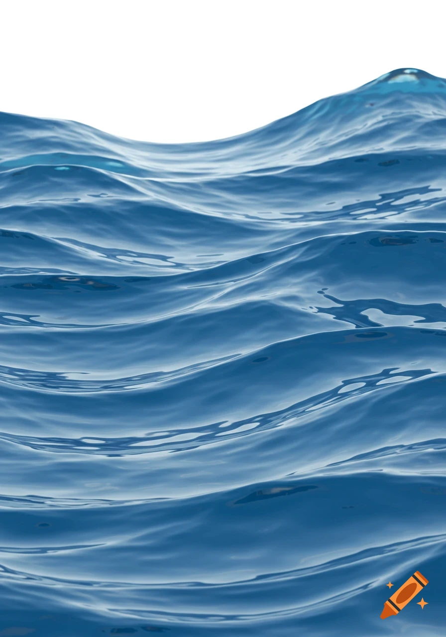 Blue water waves ripple against a white background in a sleek Frutiger Aero style.