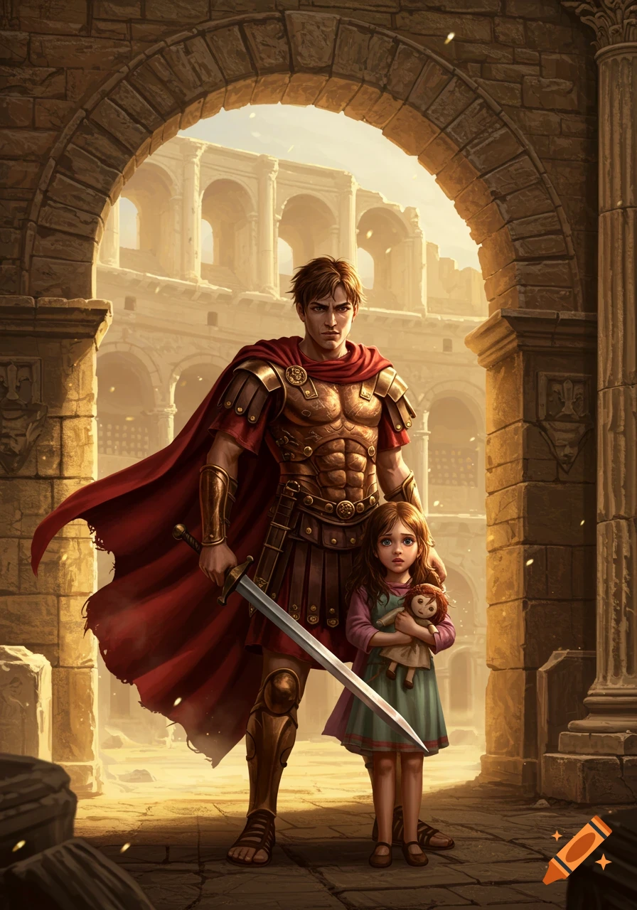 A Roman soldier in armor and a red cape stands with a young girl holding a doll amidst ancient Roman ruins.