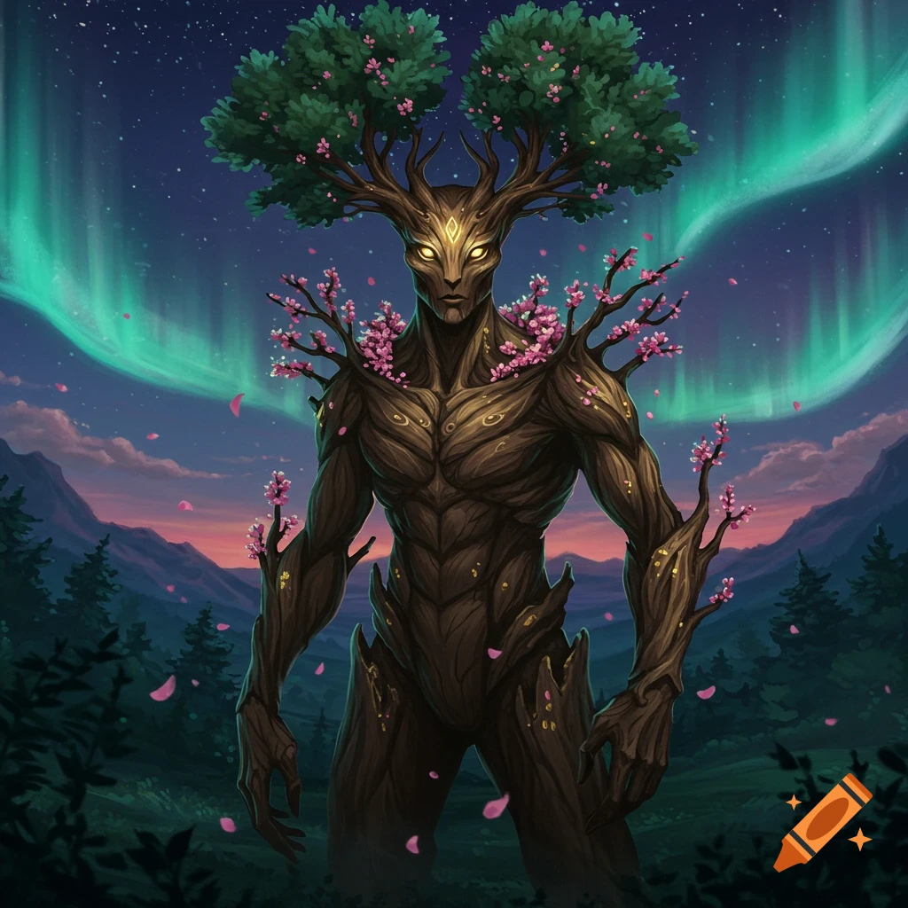 A muscular treant creature with glowing eyes and pink blossoms stands in a forest under a green aurora-lit night sky. Fantasy art.