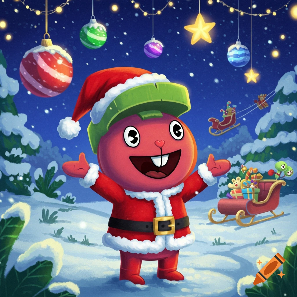 A red Happy Tree Friends character in a Santa suit stands in a snowy Christmas scene with ornaments and a sleigh.
