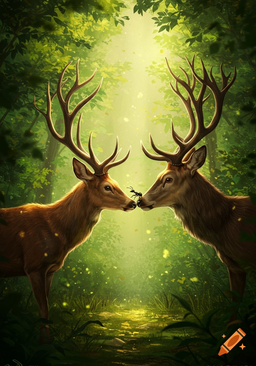 Digital painting of two deer with large antlers, noses touching, with an ant on one's nose, in a sunlit forest.