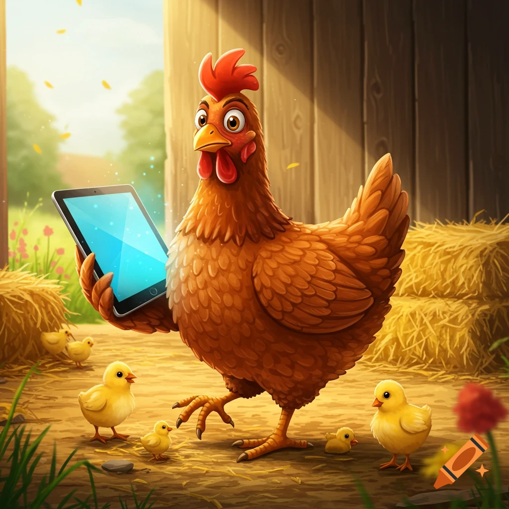 Cartoon chicken holding a tablet with chicks around it in a barn.