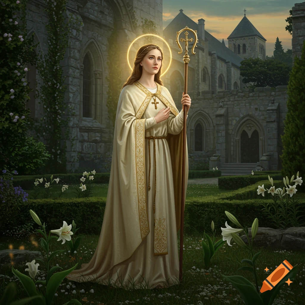 A saint with a halo and staff in cream robes stands in a medieval garden with white lilies and a gothic church at dusk.