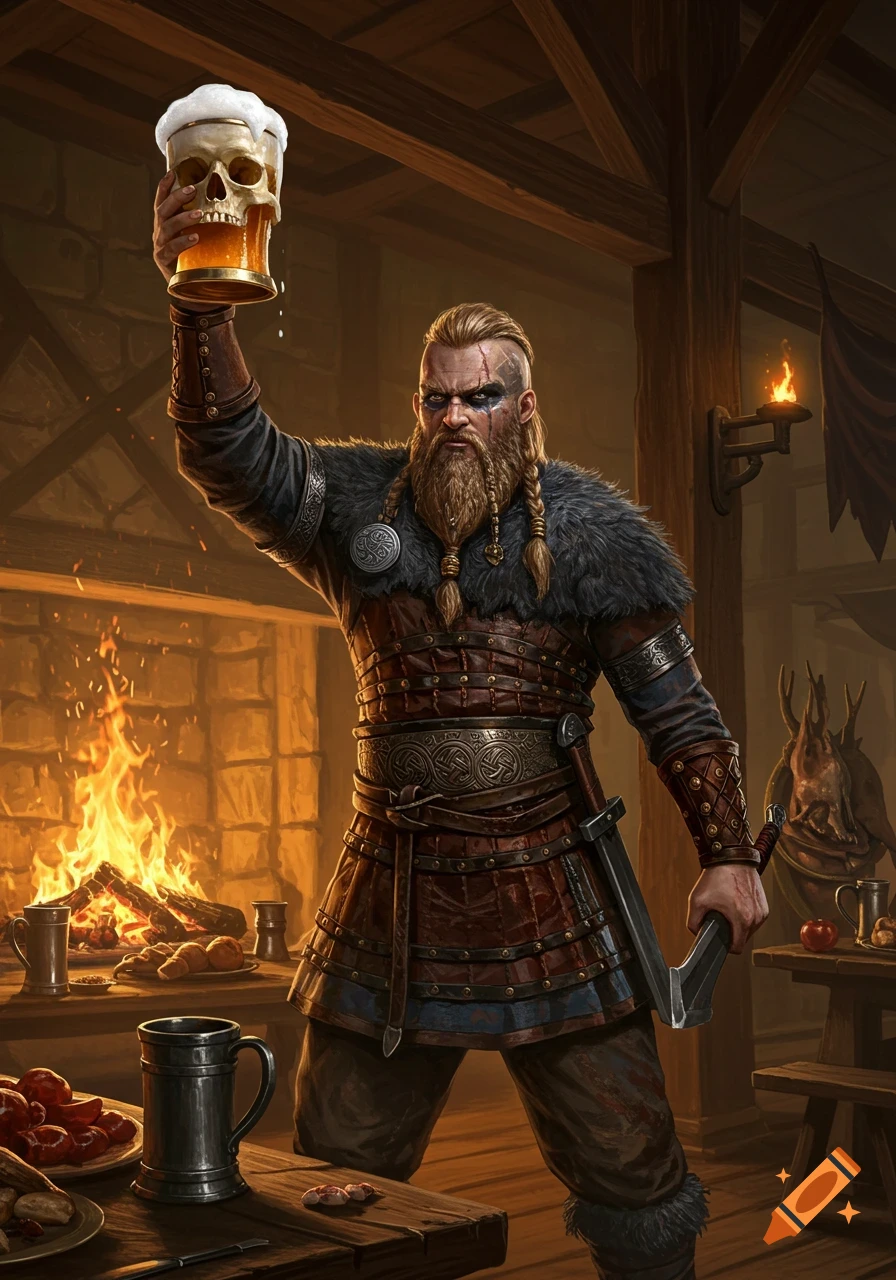 Photorealistic portrait of a fierce Viking warrior raising a skull mug of frothing ale in a fire-lit mead hall.