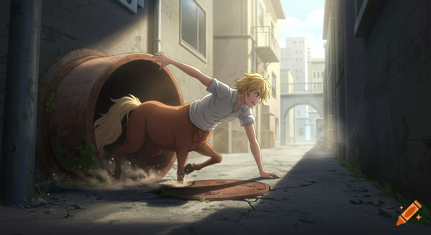Blond anime centaur struggles to climb out of a large sewer pipe in a sunlit urban alleyway.