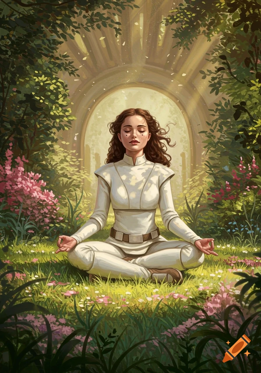 A woman resembling Padm 00e9 Amidala meditates in a white outfit, eyes closed, sitting cross-legged in a lush, flowering garden with an archway in the background, in a painterly style.